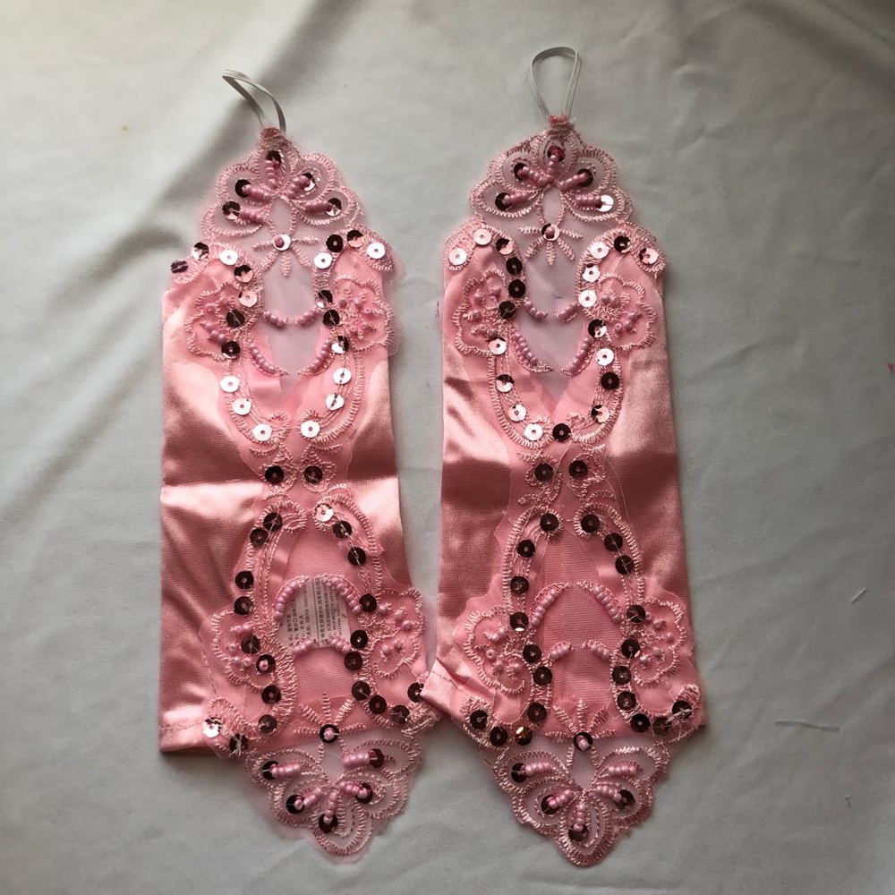 Women's Pink Fingerless Satin Gloves 1920s Costume Party Lace Embroidery Gloves